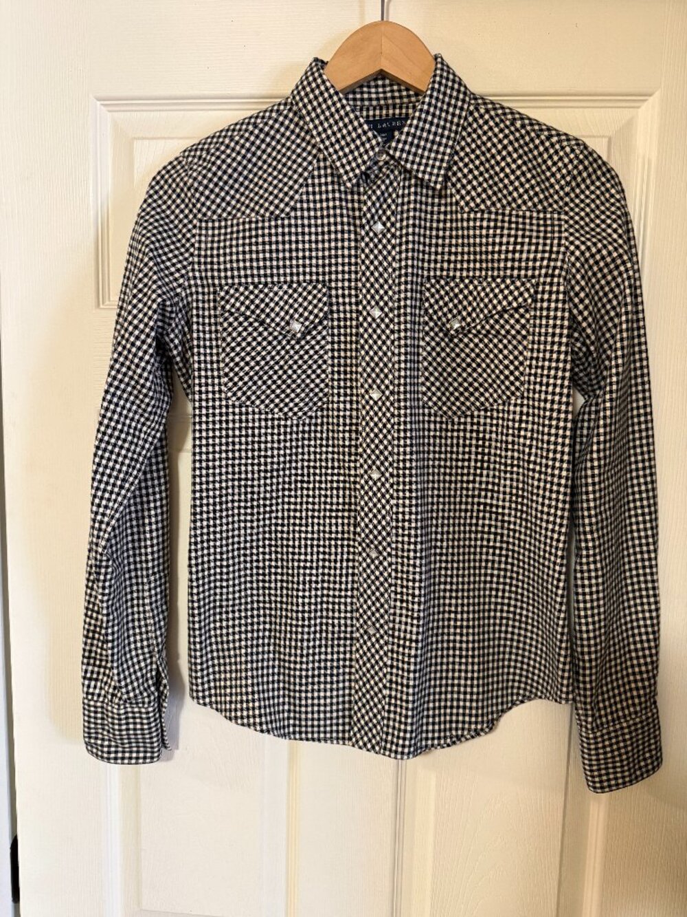 Ralph Lauren Western Gingham Pearl Snap Shirt Black White Size 8